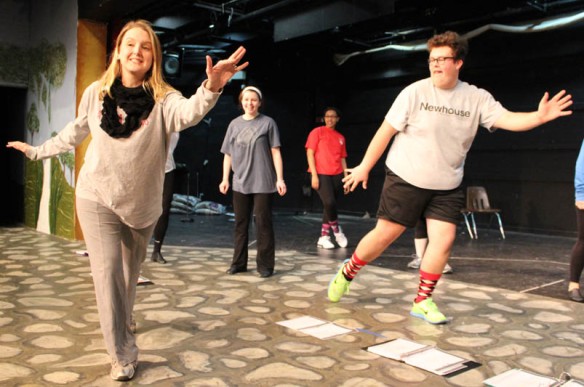 Hairspray director Ashleigh Williams shows Maclean Mayers a few steps during rehearsal.